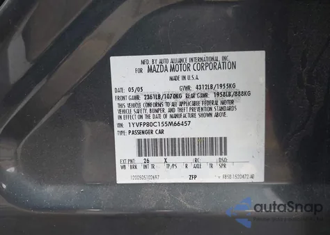 2005 Mazda Mazda6 I Base z USA, uszkodzony, nr VIN 1YVFP80C155M66457